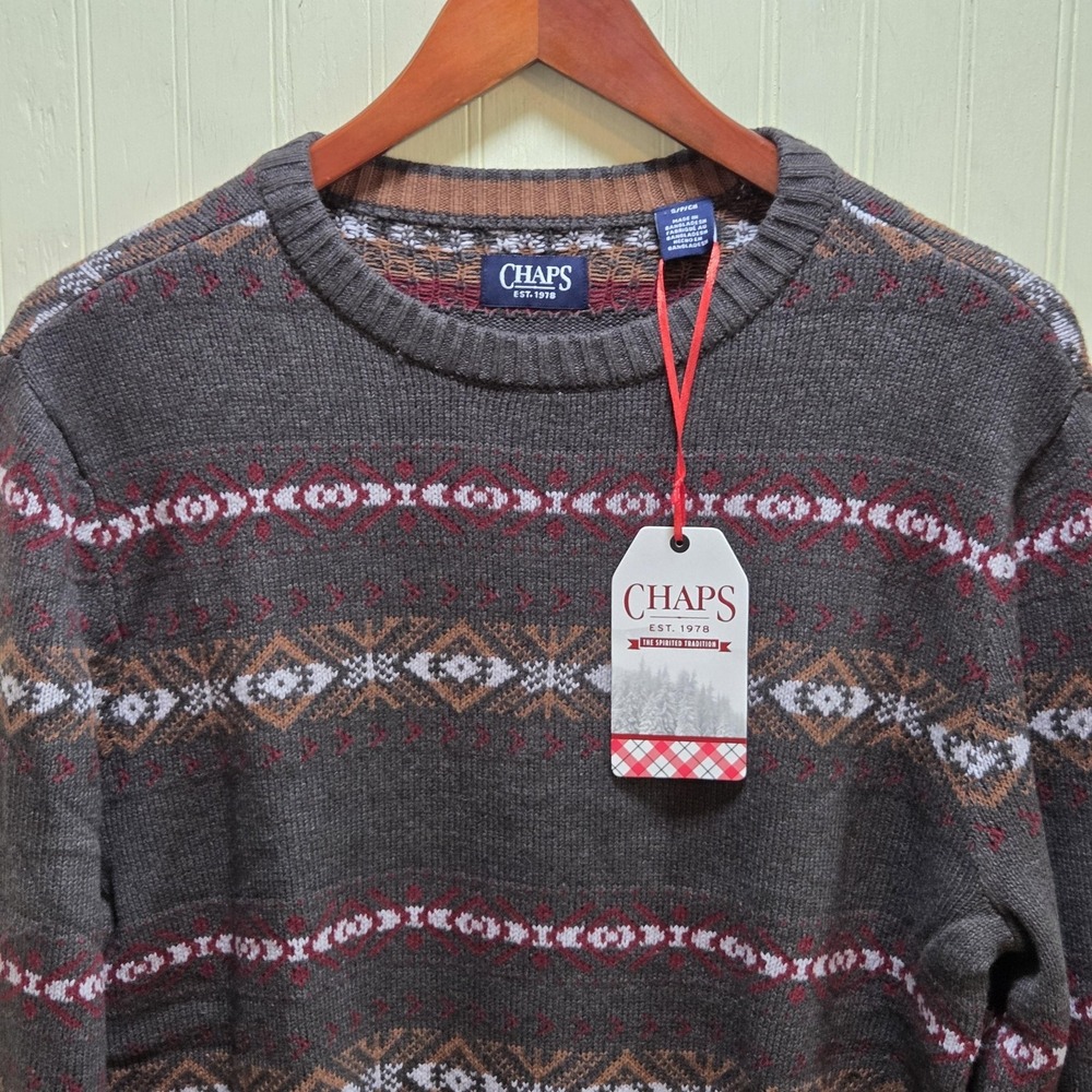 Chaps Sweater Mens Small Gray Fair Isle Christmas Crewneck Knit Pullover